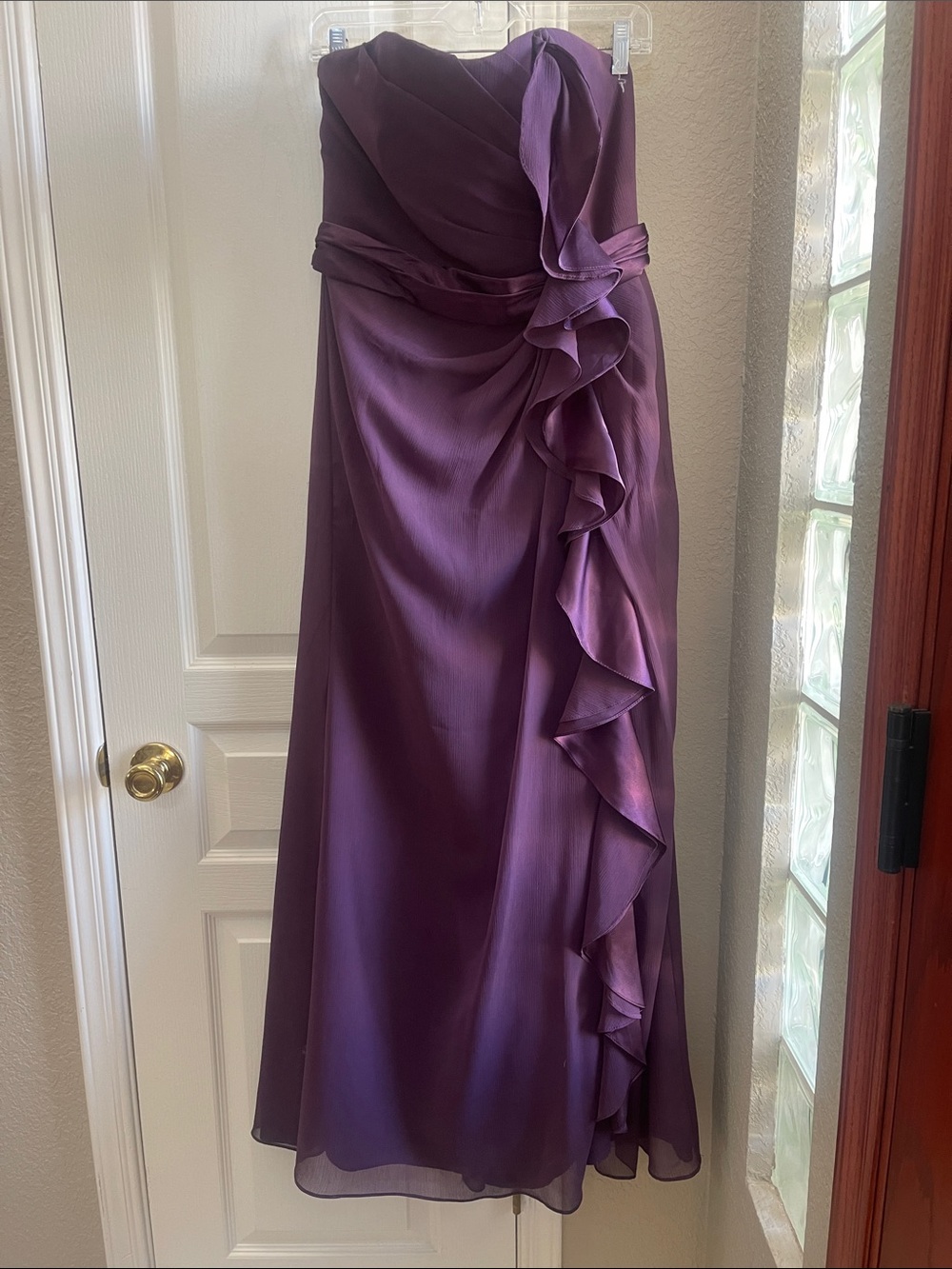 David's Bridal Off the Shoulder Purple Ruffled Evening Gown